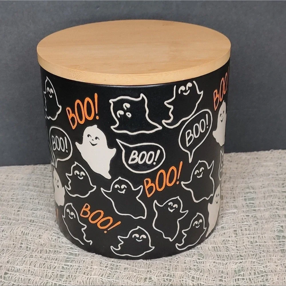 Inhomestylz Matte Black Ceramic Halloween Ghost Cellar Jar BOO